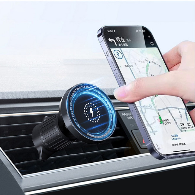 자동차용 고속 무선 충전 거치대 통풍구 장착형 15W 고속 무선 충전 스마트폰 거치대, 범용 고속 충전, 검정색