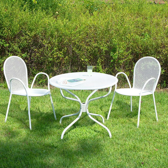 스틸망 850 원형 2인 야외 테이블 세트 카페 테라스 루프탑 인테리어 정원 매장 공원, 화이트