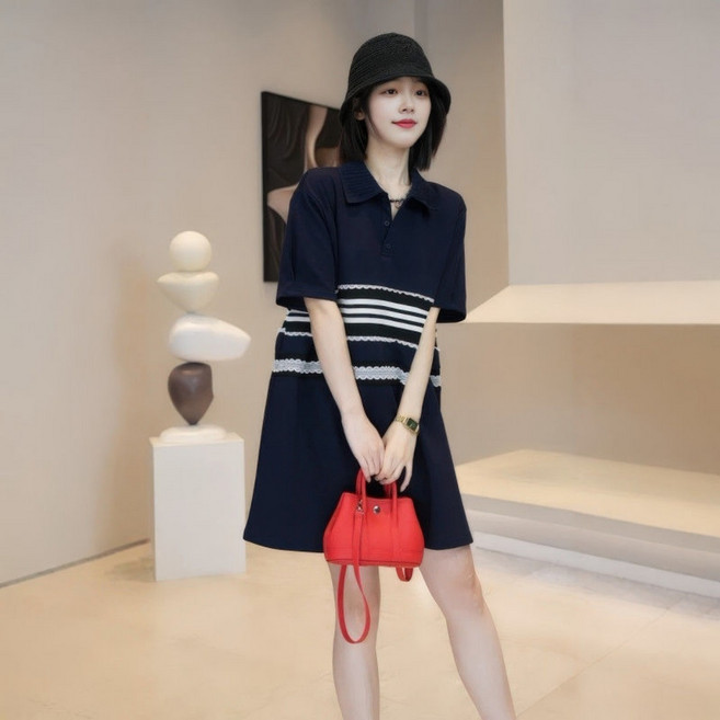 LUNATURE 여성 스트라이프 반팔 미니 원피스 패션 빅사이즈 체형커버 여름룩