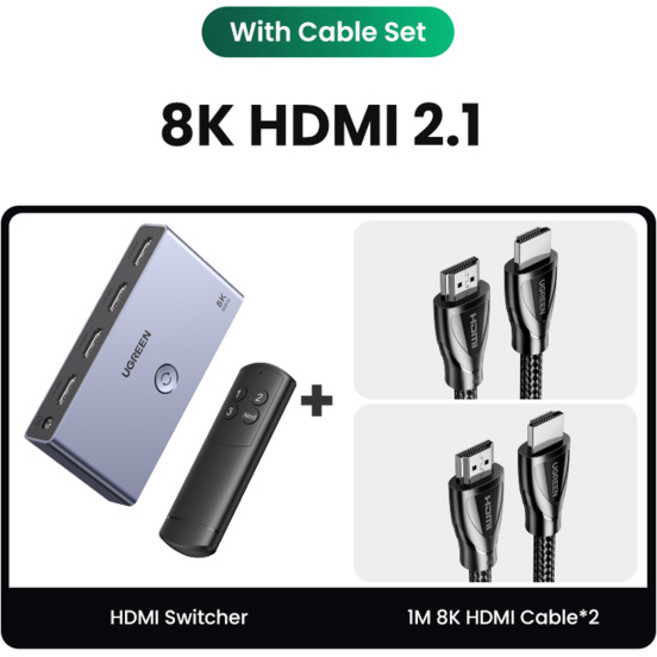 UGREEN HDMI 2.1 분배기 스위치 8K 60Hz 4K 120Hz 2 in 1 TV Xiaomi Xbox Series X PS5 HDMI 호환 모니터 스위처, [06] Add 2pcs HDMI-Cable