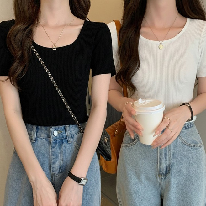 MU랑 여성 데일리 라운드 골지 니트 반팔