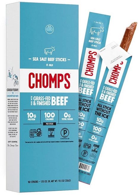 촘프 잔디 사료 및 완성된 스모키 BBQ 소고기 육포 스낵 스틱 10팩 - 케토 팔레오 홀 30 10g, Sea Salt Beef