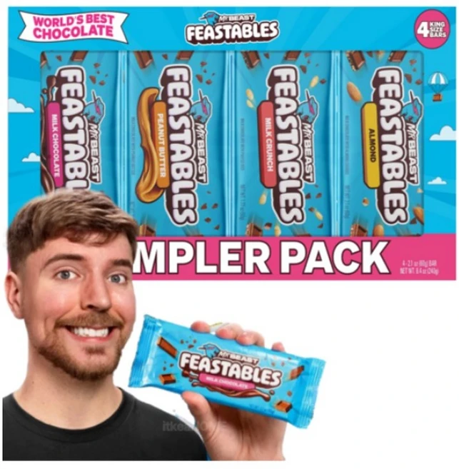 미스터비스트 피스터블 초콜릿바 버라이어티팩 밀크 아몬드 크런치 피넛버터 4가지맛 세트, 1개, 240g - 쿠팡