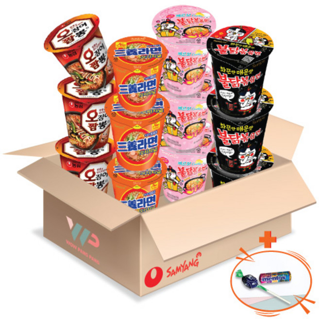 삼양 농심 컵라면 소컵 4종 혼합세트 불닭볶음면 3컵+까르보 불닭볶음면 3컵+삼양라면 3컵+오징어짬뽕 3컵 총 12컵 미니 캔디 2종 증정, 1개