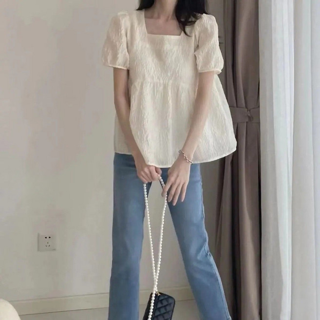 COSYEVNO 여성 블라우스 여름 빅사이즈 패션 사각 넥 셔링 루즈핏 반팔 상의