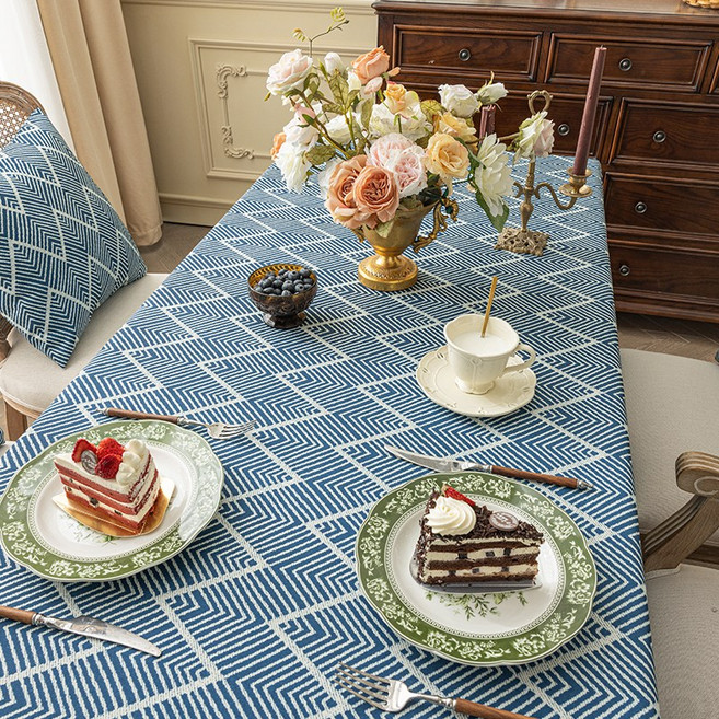 HAROO 4인 방수 식탁보 6인 테이블보 모던하우스테 식탁커버, 1개, 블루 라인, 140x220cm
