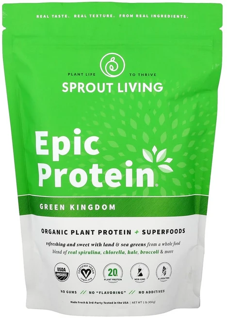 스프라우트 리빙 에픽 프로틴 식물성 단백질 플러스 슈퍼 푸드 그린 킹덤 456g(1lb), 1개, 456g - 쿠팡