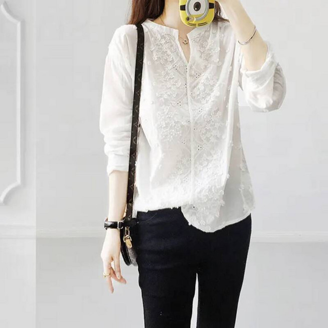 펀칭 크롭 린넨 오프숄더 흰색 블라우스 봄 가을 솔리드 할로우 아웃 레이스 여성 긴 소매 꽃 패턴 자수 캐주얼 레이디 셔츠 코튼 시크 탑 24351