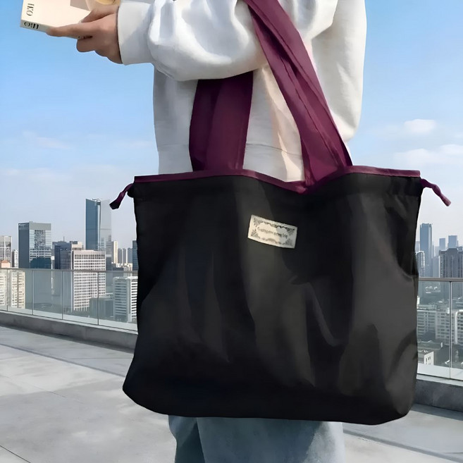 퍼플캣 배색 방수 스트링 폴딩백 대용량 고밀도 숄더형 장바구니, 1개, 블랙