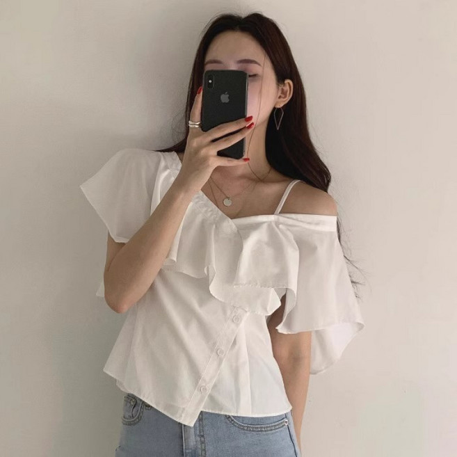 해피유통 여성 여름 면 오프숄더 러플 반팔 셔츠 사랑스러운 디자인 XG08