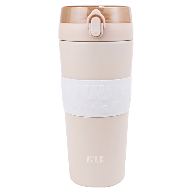 IKUK 艾可 大Q彈杯 陶瓷保溫杯 真空雙層保冷 易開合杯蓋設計, 焦糖奶, 800ml, 1個