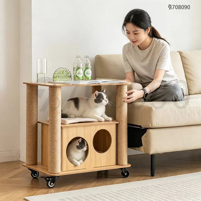 708090 반려동물 거실 소형 이동식 사이드테이블 고양이놀이 실내 생활가구, 1개, 원목색