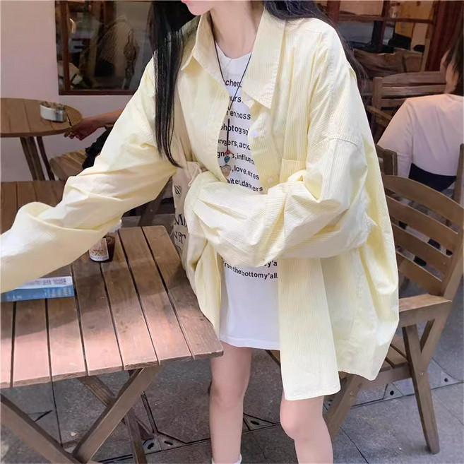 慵懶風條紋Polo領襯衫外套女夏季防曬襯衣寬鬆休閒開衫中長款上衣