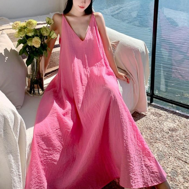 영메이 YM23348 휴양지 원피스 여성 비치원피스 바캉스 어깨끈 길이조절 비치웨어 박시 셔링 롱스커트