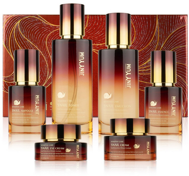 지니윰 센서티브 케어 스네일 스킨로션 세트 6종 민감성 피부 진정 보습 여성을 위한 미백 주름개선 화장품 선물 스킨+로션+앰플+크림+아이크림 구성, 1세트