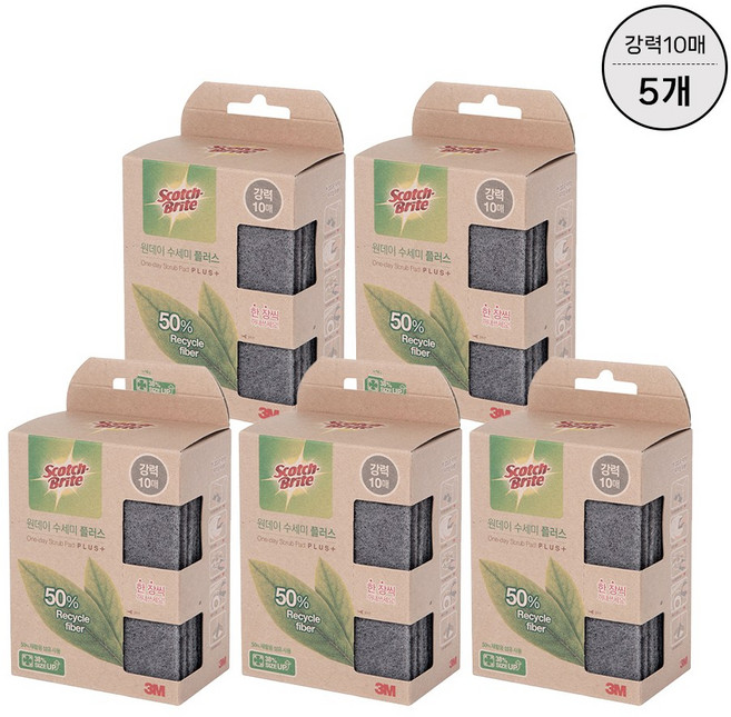 3M 스카치브라이트 원데이 수세미 플러스 강력 50매 리필, 5개