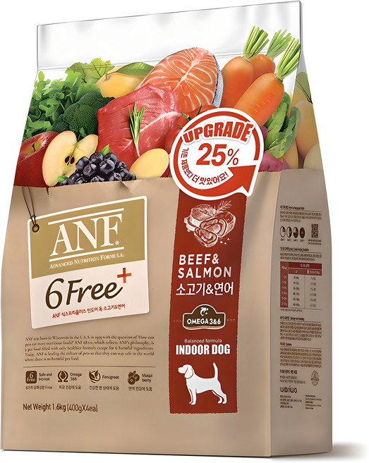 ANF 전연령 식스프리 플러스 인도어 독 건식사료, 소+연어, 1.6kg, 1개