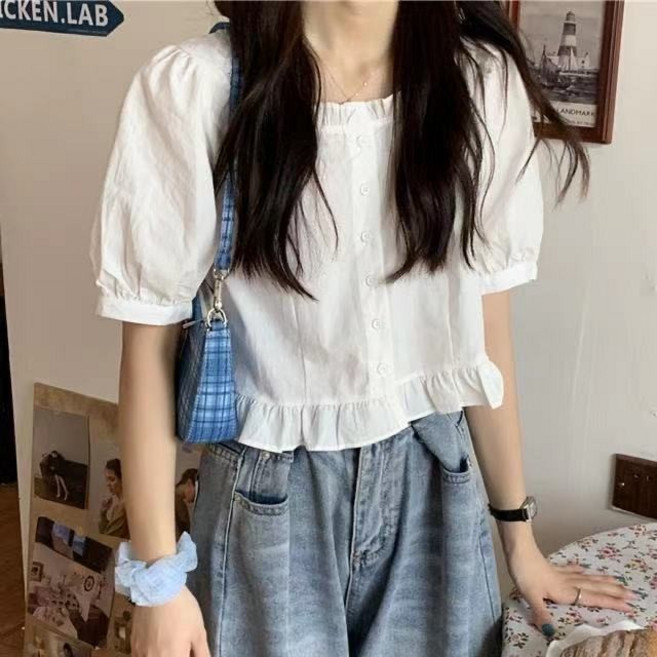夏季新款荷葉邊泡泡袖短袖襯衫