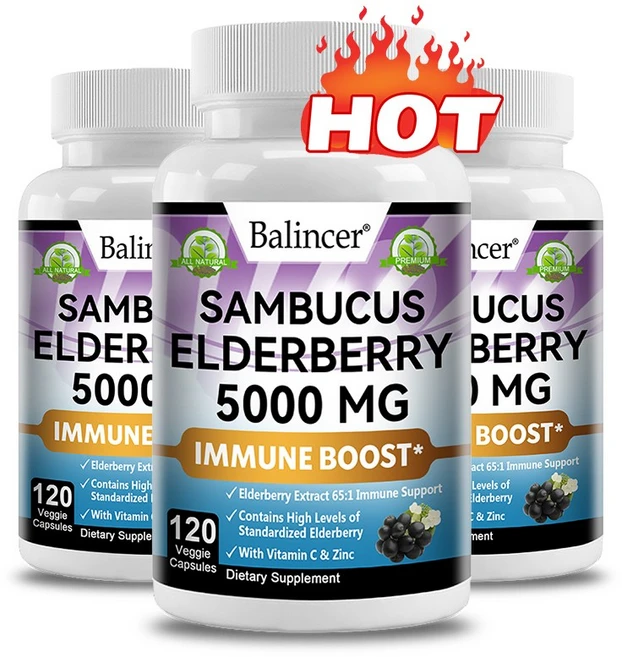 엘더베리 보충제(5000mg당량 65:1추출물) 비타민C와 아연 함유 - 면역 지원 에너지 보충에 도움을 주는 비건 캡슐, 1개, 60회분 - 쿠팡