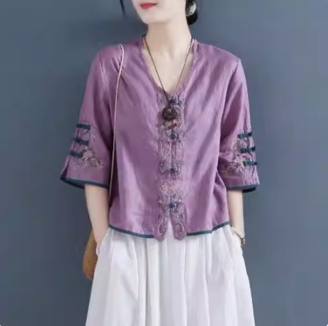 쌍천 자수셔츠 여성 여름 개량 루즈핏 숏 브이넥 생활복 상의 A26040316