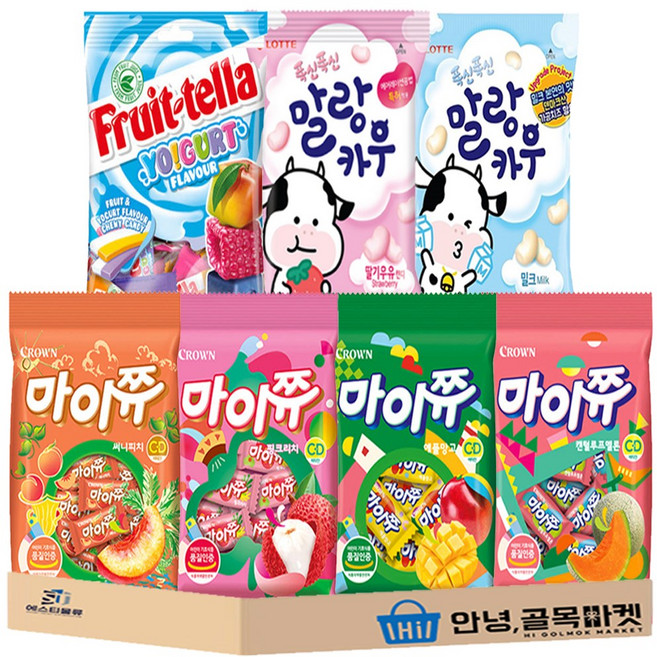 젤리 세트 ( 마이쮸 애플망고 + 핑크리치 + 써니피치 + 켄털루프망고 + 말랑카우 밀크 + 딸기우유 + 후르트텔라 ) 개별 포장, 1세트, 100g