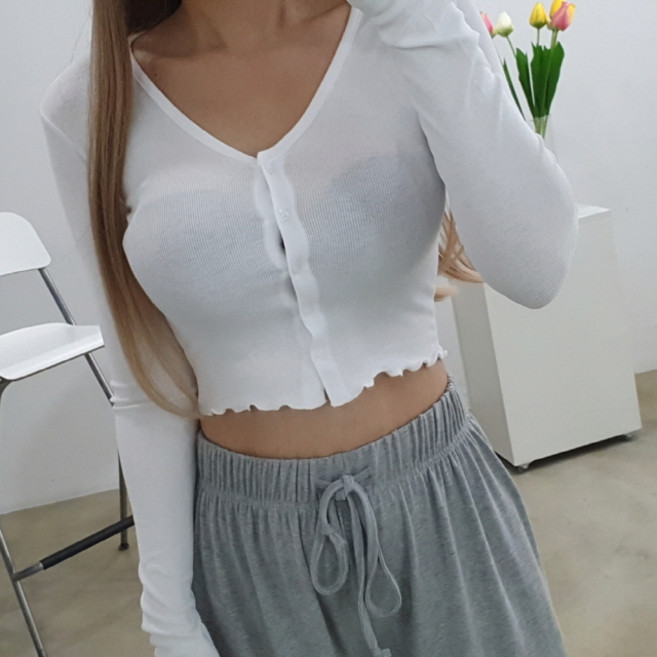 슬림핏 골지 브이넥 프릴 크롭 가디건