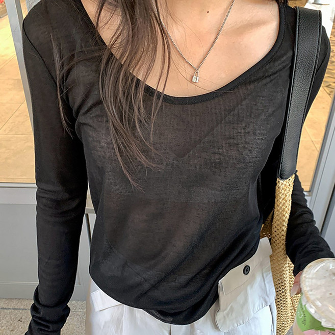 네모엔룩 시스루브이넥 여성용 레이어드 이너 브이넥 비치룩 커버업 시스루 긴팔 티셔츠