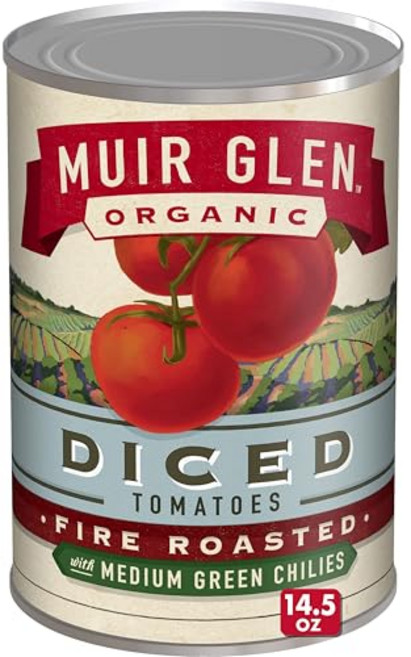 뮤어 글렌 유기농 다이스 불에 구운 통조림 토마토 중간 매 Muir Glen Organic Diced Fire Roasted Canned Tomatoes with Medium, 녹색 고추, 14.5온스(1팩), 1개
