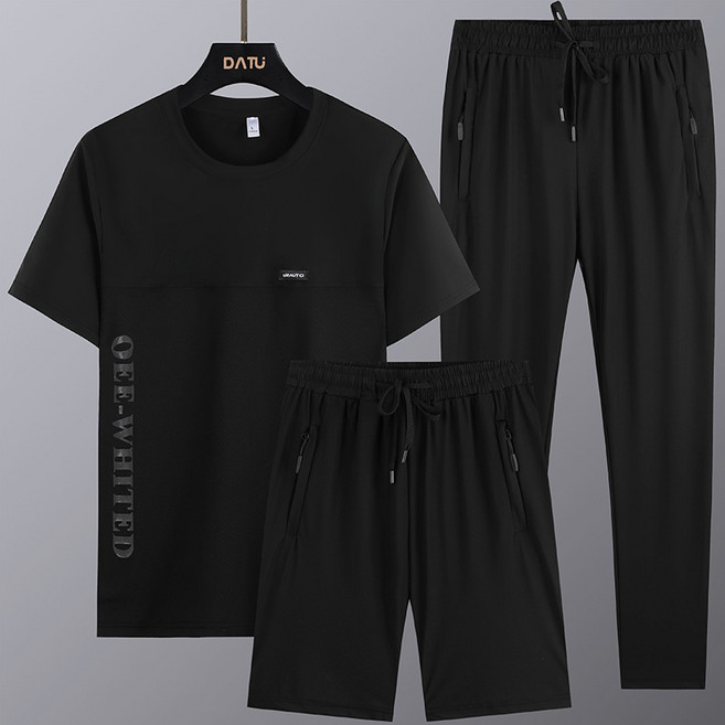 ANYOU 남성 여름 속건 반팔 트레이닝 세트 캐주얼 바지 와이드 티 3종 세트