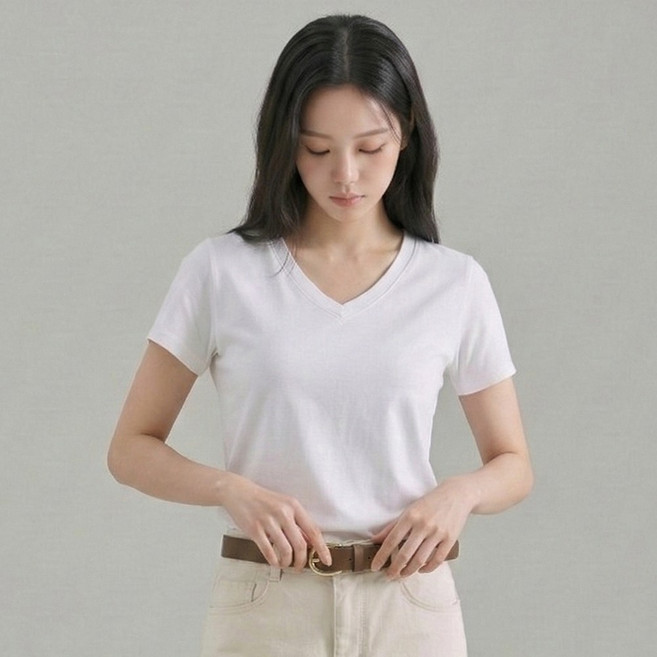 엠제이스타 여성 무지 시원한 심플 스판 브이넥 반팔 티셔츠 10color