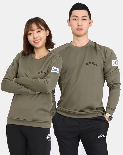 국산 발열 맨투맨 카키 로카티 ROKA 기모 긴팔티 군인 군대 티셔츠