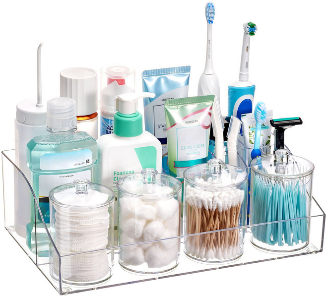 Vtopmart 다용도 화장품 스킨 정리함+욕실 화장솜 면봉 케이스 세트, 1세트, 투명