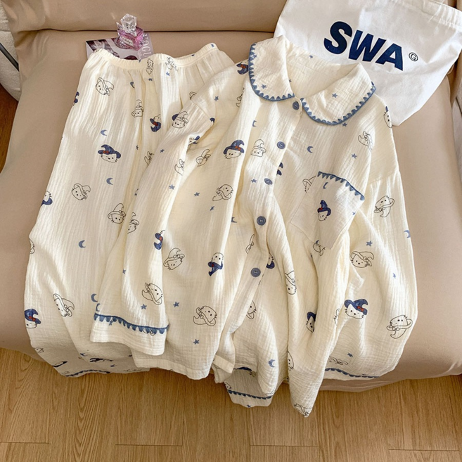 雙層棉紗睡衣女長袖套裝 純棉可愛印花家居服