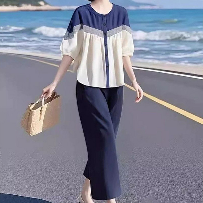 ORZQU 여름 여성 세트 패션 캐주얼 반팔 일자 와이드 팬츠 투피스