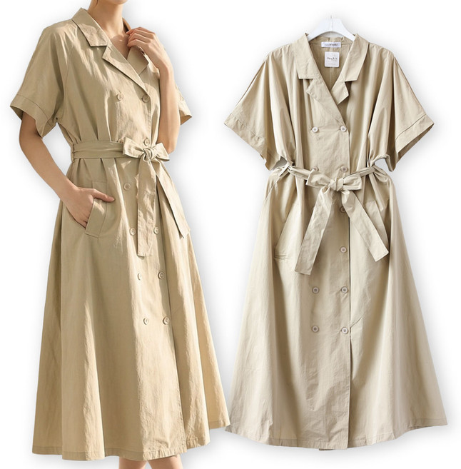 메리앤유 더블 버튼 디테일 반팔 트렌치 롱 원피스 하객 정장 룩