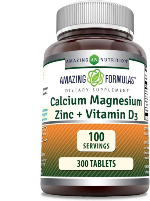 Amazing Nutrition 아연 놀라운 포뮬러 칼슘 마그네슘 + 비타민 D3 보충제 | 500정 비-GMO 글루텐 프리 미국산, 300 카운트, 1개
