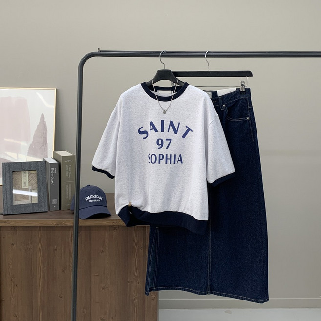 세인트 배색 레터링 루즈핏 반팔 맨투맨 티셔츠
