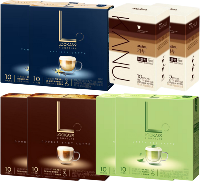 홈카페 미용실 손님커피 라떼스틱 4종 세트(루카스나인 더블샷10T + 바닐라10T + 그린티10T + 카누 더블샷10T)), 2세트, 더블샷10T+그린티10T+바닐라10T+카누더블샷10T