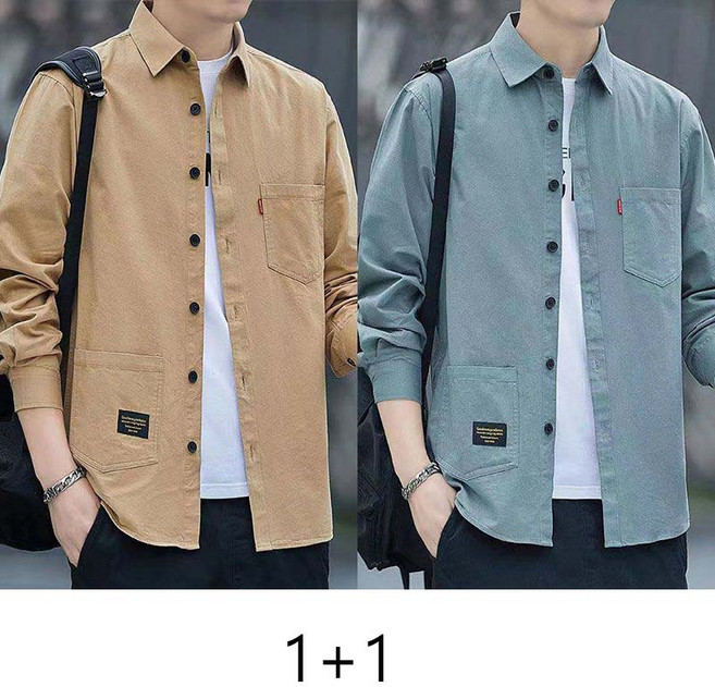 1+1 남성용 긴팔 셔츠 캐주얼 빅사이즈 루즈핏 남자 스트라이프 셔츠 봄 여름 남자 얇은 남방 2매입 CJJ