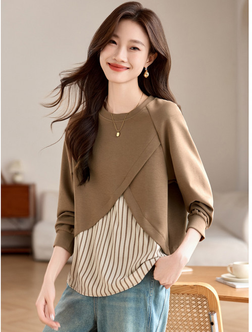 COSYEVNO 여성 맨투맨 가을 빅사이즈 루즈핏 패션 스트라이프 패치 가짜 투피스 언밸런스 긴팔 상의 lyjwy14