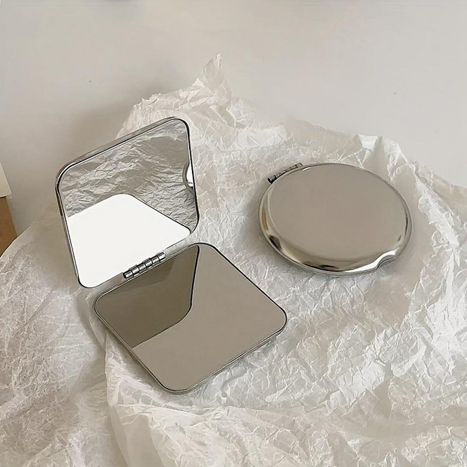 시크한 실버 사각형 휴대용 접이식 미니 손거울, 1개, 5.5cm