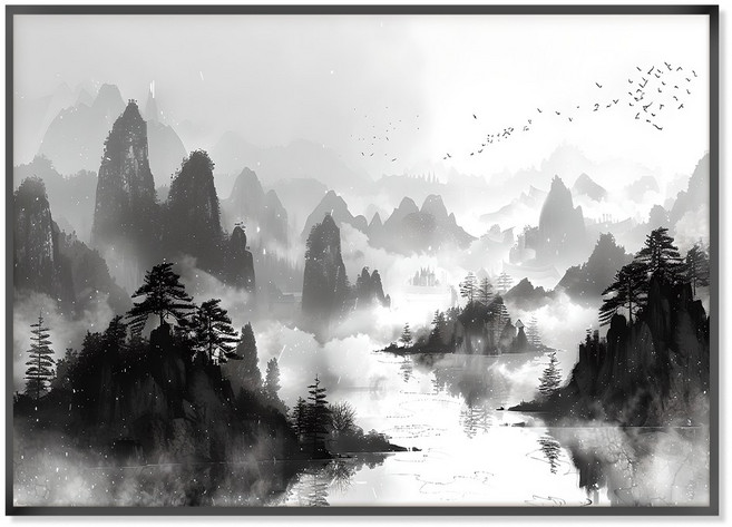 더아트컴퍼니 돈들어오는 명당도 배산임수 한국화 풍경화 풍수지리 산수화 캔버스 그림 액자 30종(28-30), 30. 수묵 명당도