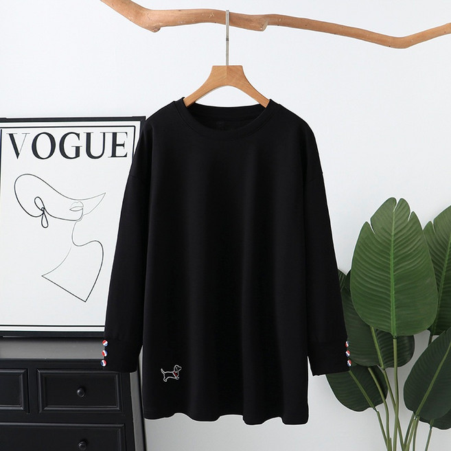 大尺碼女裝 狗狗刺繡寬鬆長袖T恤 春秋款 黑色 4XL