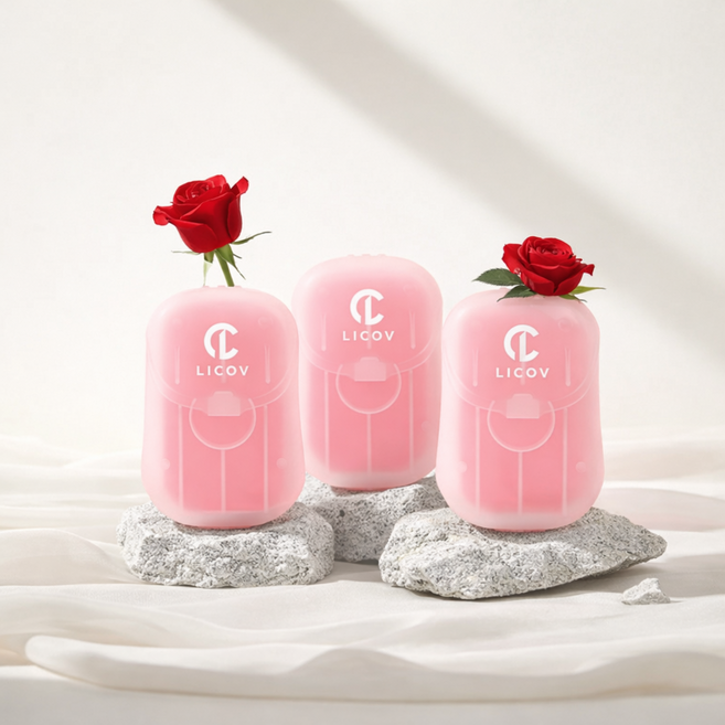 LICOV 휴대용 종이비누 일회용 여행용 캠핑용 손세정 핸드워시 (개당 50매), 3개, Rose