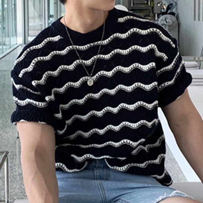 홍언목요 남성 반소매 티셔츠 니트 반팔티 여름 펀칭 자카드 웨이브 스트라이프 티셔츠