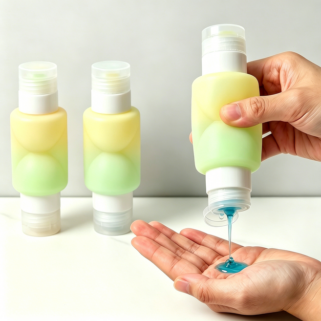 새지않는 실리콘 더블헤드 양쪽형 여행용 공병 90ml 짜기 좋은 디자인 세척 간편 재사용 무취 샴푸 바디워시 겸용, 1개, 노란색 + 초록색