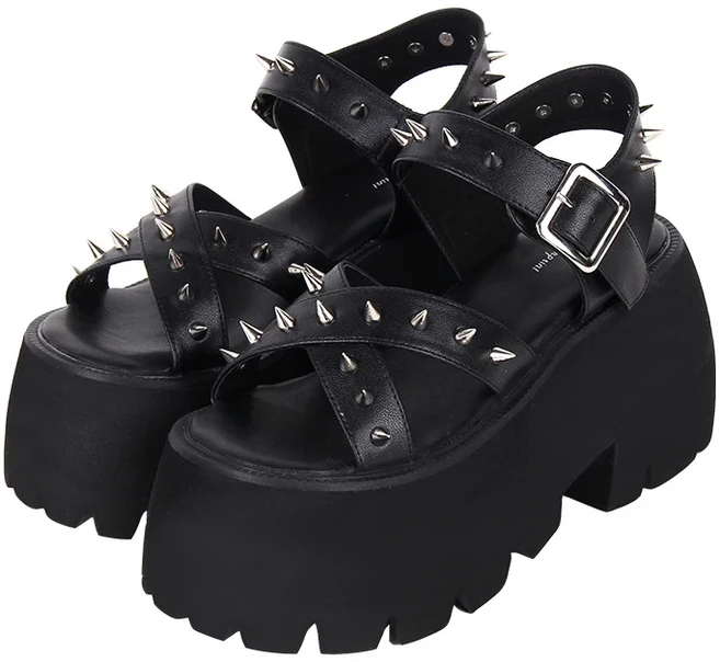 펑크 리벳 두꺼운 바닥 Matsuke 매화 꽃 샌들 일본 쿨 앤 스파이시 소녀 패션 신발 2024 여름, 03 38, 01 검정색