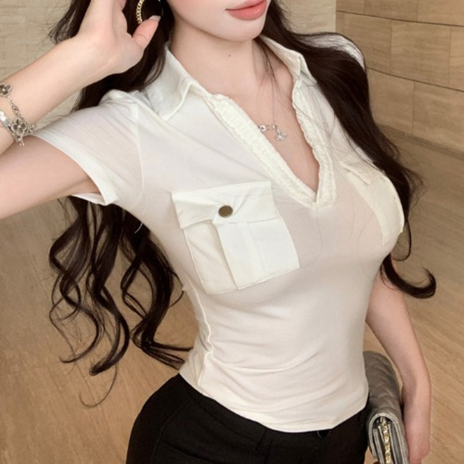 히또리 T4072 미니 프릴 오픈카라 포켓 반팔티