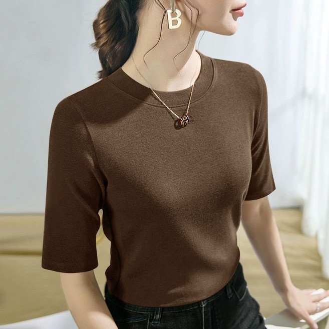 여름 슬림핏 5부 소매 여자 티셔츠 라운드넥 심플 솔리드 반팔 상의 트렌드 여성 반팔 티셔츠 CJJ