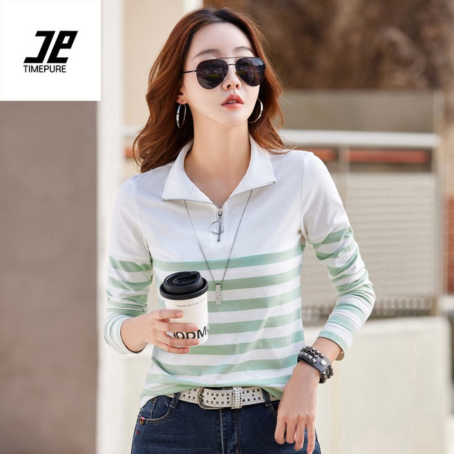 봄가을용 여성 긴팔 티셔츠 스트라이프 패턴 스타일리시 디자인 루즈핏 대형 사이즈 편안 착용 가능 클래식 레이어링 베이직 아이템